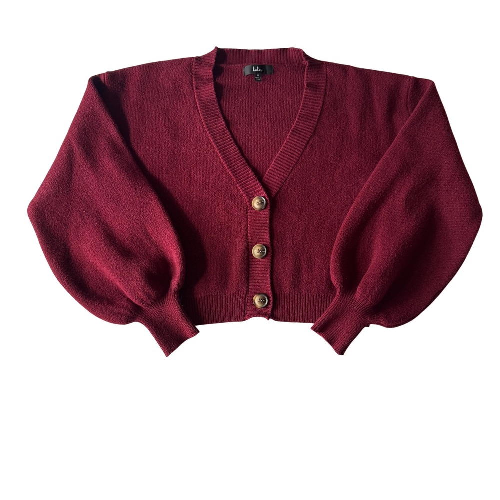 Lulus That Cozy Feeling Burgundy Knit Button-Up Cropped Cardigan M Balloon Fall